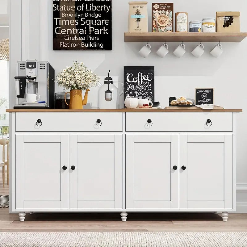 [White Coffee Bar] 55" White Buffet Cabinet, Coffee Bar with 4 Doors And 2 Drawers, Sideboard Cabinet with Adjustable Shelves, Coffee Bar Cabinet for Kitchen, Dining Room, Entryway