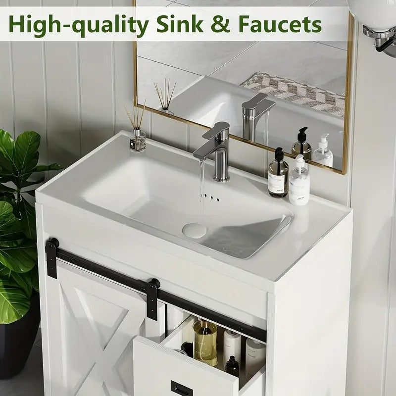 Farmhouse Bathroom Vanity With Sink, White Sliding Barn Door Bathroom Vanity Cabinet With Storage Drawers, Small Single Bath Storage Vanity Sink, Valentines Decorations For Home