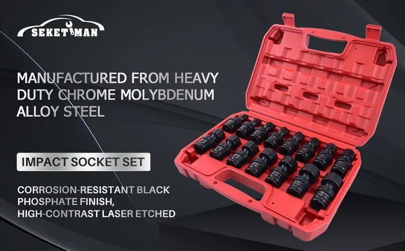 15pcs SEKETMAN Impact Universal Socket Set, 3/8"inch Drive, Swivle Head, Adjustable, 6 Point, Metric, 8-22mm, CR-MO STEEL Made, Professional Automotive Repair Tools