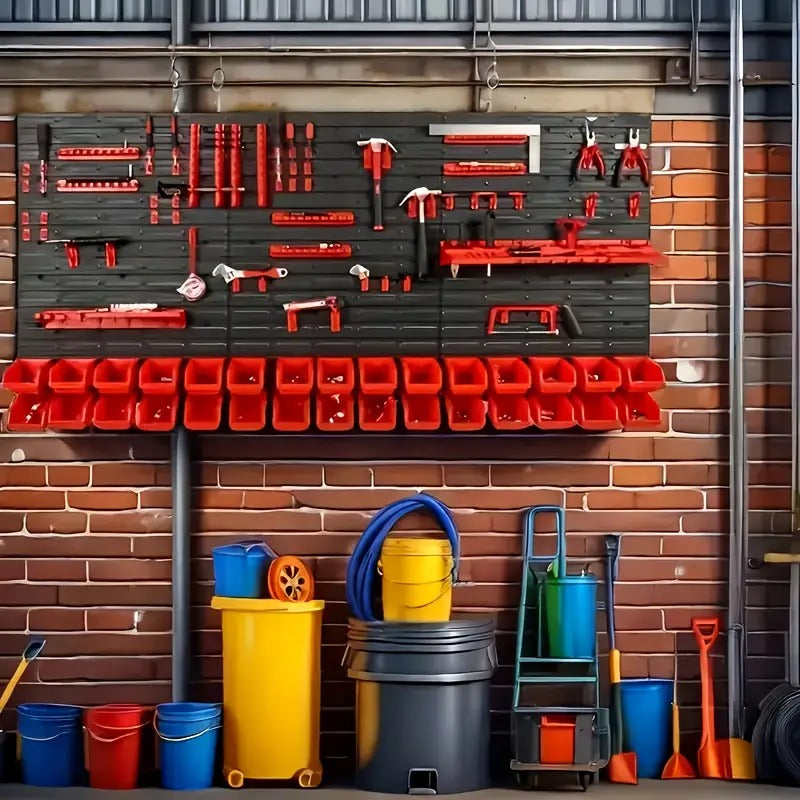 A Practical Set Of Tool Racks, Screws And Nuts, Bolts, Nails, Beads And Small Hardware Accessories Storage Racks, Storage Racks for Wrenches And Screwdrivers, A Red And Black Wall-mounted Storage System