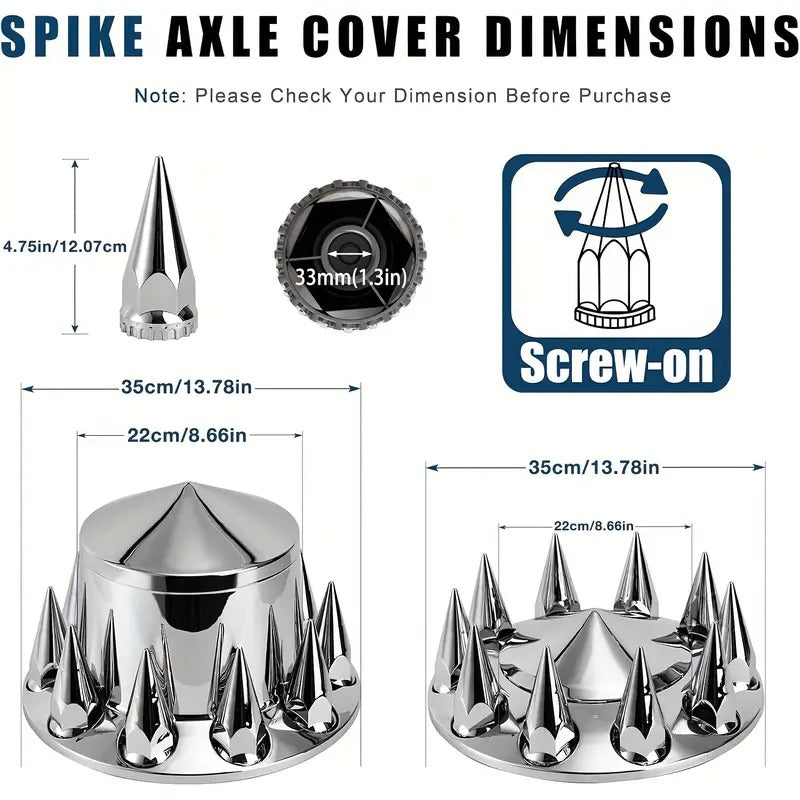 Chrome Front And Rear Axle Complete Wheel Cover Set 33mm Screw-on Lug Nut Covers For Semi Trucks (Installation Tool Included) Standart Hub Caps Kit