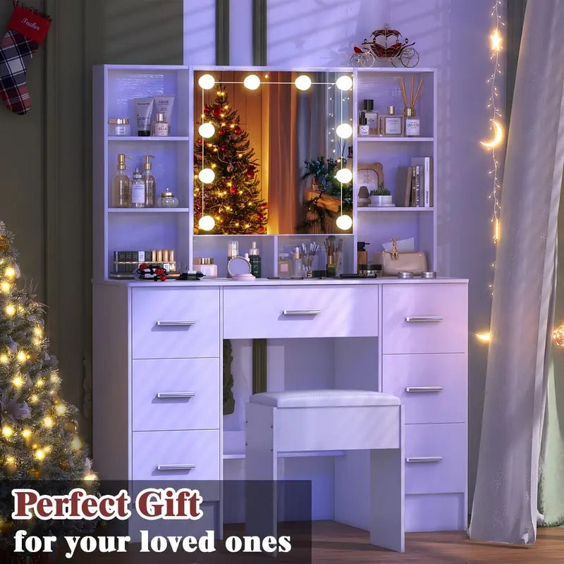 Dresser Set With LED Illuminated Mirror, 7 Drawers, Multiple Compartments, Stool Included, Birthday, Christmas, New Year Gift