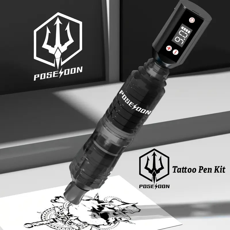 POSEIDON Tattoo V5 HM142 Tattoo Pen Kit - POSEIDON Battery Tattoo Pen with Extra Battery 1500mAh, Tattoo Gun Kit with Tattoo Power Supply And 10pcs Tattoo Cartridge Needles,