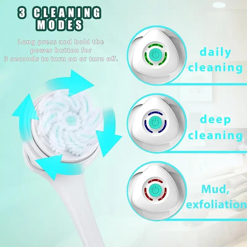 [Rechargeable Shower Brush] 6-in-1 Rechargeable Electric Shower Brush Set | Full Body & Back, USB Powered, 1500mAh Lithium Battery, Detachable Long Handle, Exfoliating Silicone Brush, Rotating Facial Scrubber Head - Ideal Gift