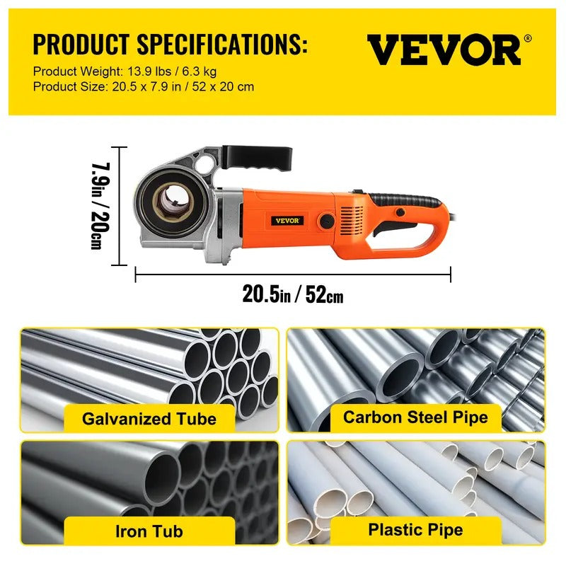 VEVOR Electric Pipe Threader, 2300W Pipe Threading Machine with 4 Dies 1/2" ~1-1/4" / 2", 110V Hand-held Pipe Threader Machine with Copper Motor, Portable Electric Pipe Threading Kit with Carrying Case