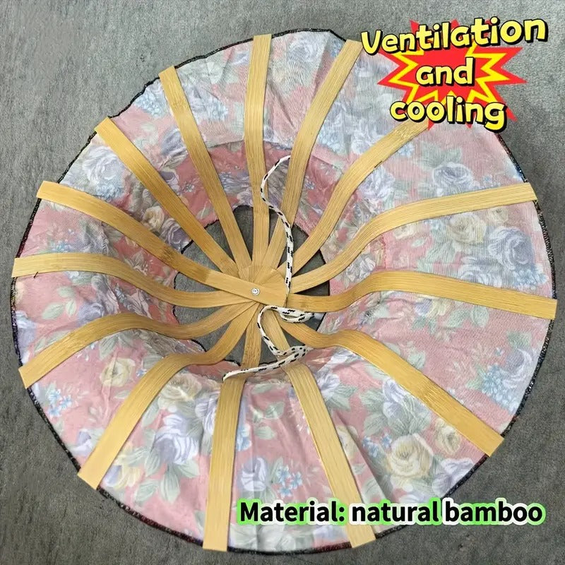 1pc Women'S Dual Sun Hat & Fan - Folding Floral Pattern Bamboo Wide-Brimmed Beach Hat, Portable Summer Travel Hat with Built-In Fan for Outdoor Sun Protection, Sun Protection Hat, Retro Style Hat, Durable Construction