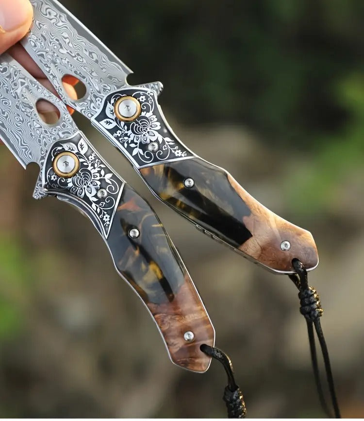 Damascus Steel Pocket Knife - High Quality Handmade Folding Knife with Maple Handle - Camping Survival Carry, Mountaineering Hiking, Fishing EDC Knife and Sheath