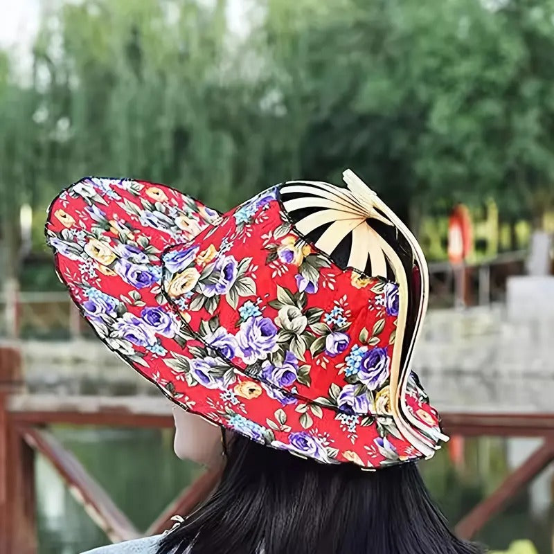 1pc Women'S Dual Sun Hat & Fan - Folding Floral Pattern Bamboo Wide-Brimmed Beach Hat, Portable Summer Travel Hat with Built-In Fan for Outdoor Sun Protection, Sun Protection Hat, Retro Style Hat, Durable Construction