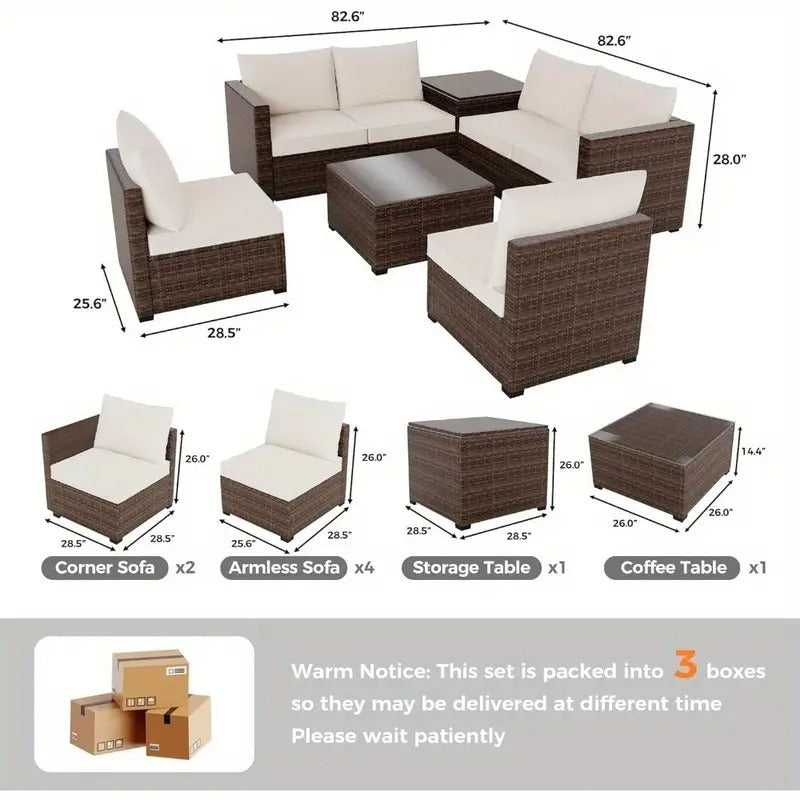GAOMON 8pcs All-Weather Outdoor Patio Furniture Set - Rattan Wicker Sectional Sofa with Glass Table & Storage Box, Durable Weather-Resistant Design for Garden, Balcony, or Patio Use, Patio Furniture Set,