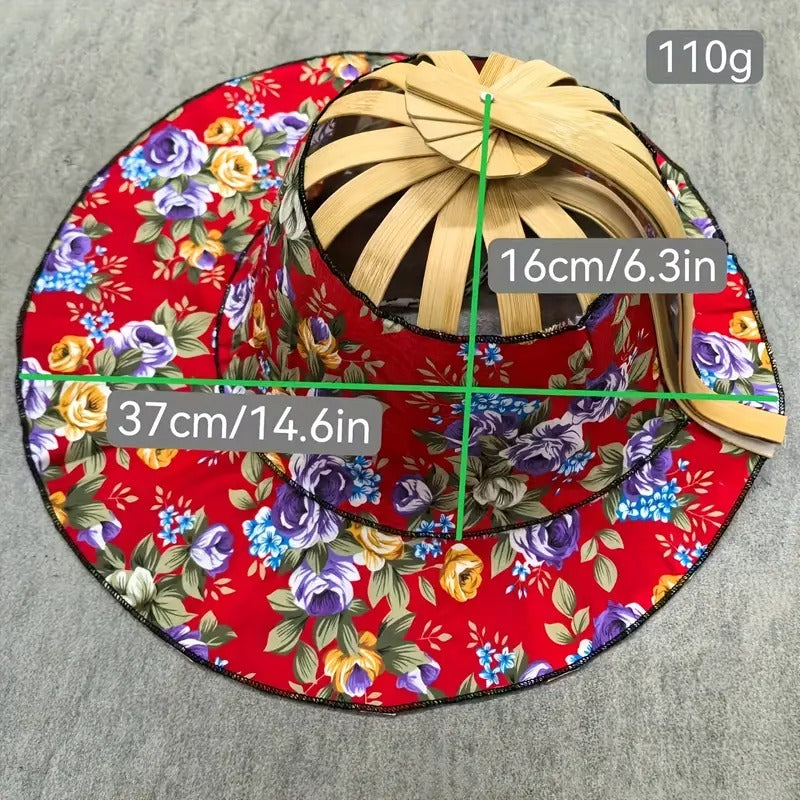 1pc Women'S Dual Sun Hat & Fan - Folding Floral Pattern Bamboo Wide-Brimmed Beach Hat, Portable Summer Travel Hat with Built-In Fan for Outdoor Sun Protection, Sun Protection Hat, Retro Style Hat, Durable Construction