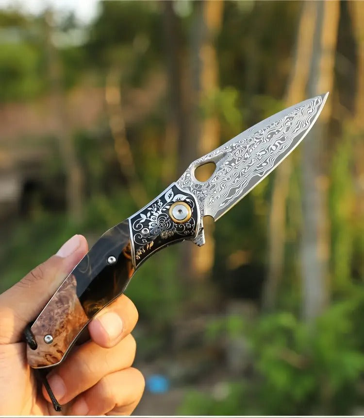 Damascus Steel Pocket Knife - High Quality Handmade Folding Knife with Maple Handle - Camping Survival Carry, Mountaineering Hiking, Fishing EDC Knife and Sheath