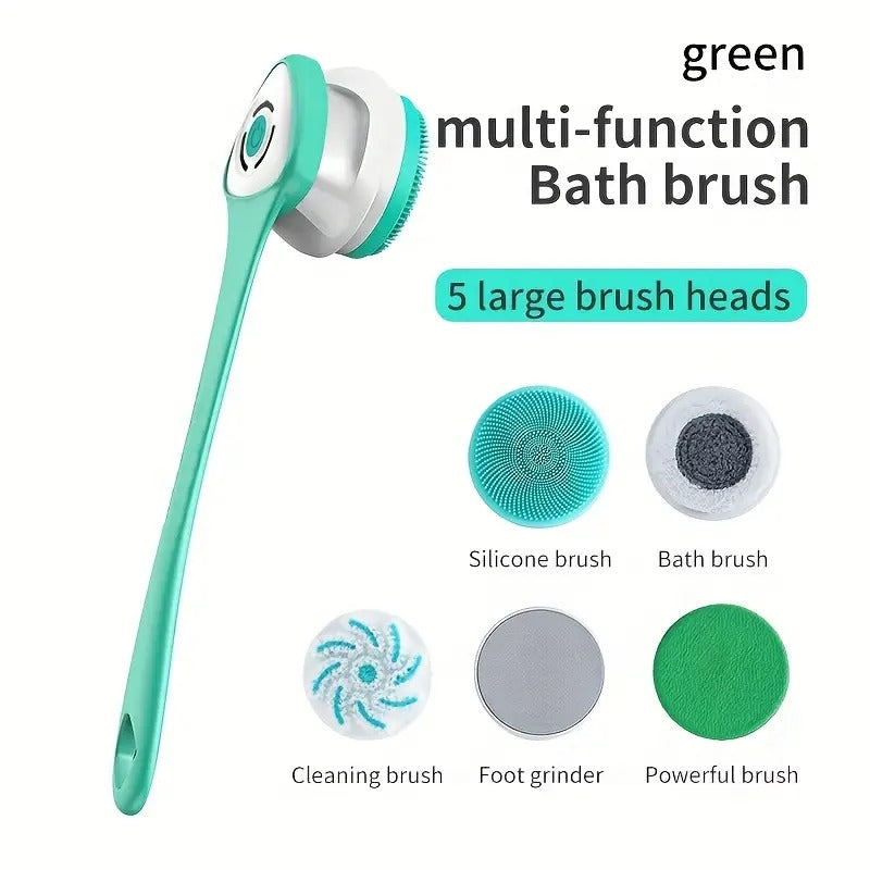 [Rechargeable Shower Brush] 6-in-1 Rechargeable Electric Shower Brush Set | Full Body & Back, USB Powered, 1500mAh Lithium Battery, Detachable Long Handle, Exfoliating Silicone Brush, Rotating Facial Scrubber Head - Ideal Gift