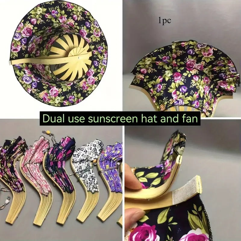 1pc Women'S Dual Sun Hat & Fan - Folding Floral Pattern Bamboo Wide-Brimmed Beach Hat, Portable Summer Travel Hat with Built-In Fan for Outdoor Sun Protection, Sun Protection Hat, Retro Style Hat, Durable Construction