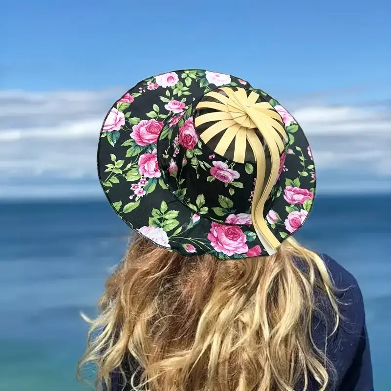 1pc Women'S Dual Sun Hat & Fan - Folding Floral Pattern Bamboo Wide-Brimmed Beach Hat, Portable Summer Travel Hat with Built-In Fan for Outdoor Sun Protection, Sun Protection Hat, Retro Style Hat, Durable Construction