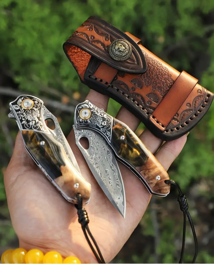 Damascus Steel Pocket Knife - High Quality Handmade Folding Knife with Maple Handle - Camping Survival Carry, Mountaineering Hiking, Fishing EDC Knife and Sheath