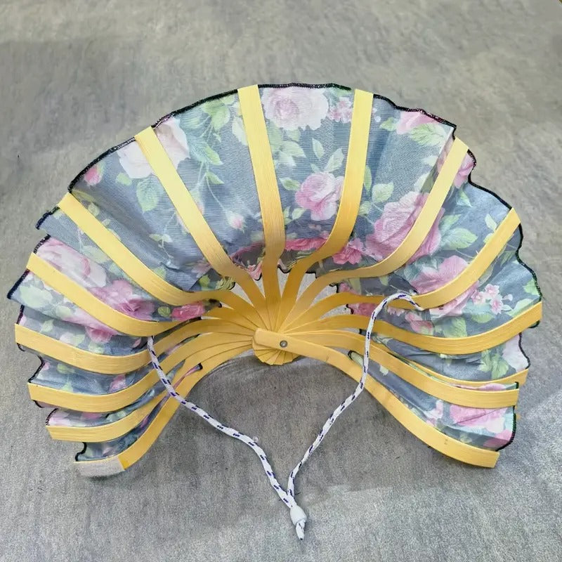 1pc Women'S Dual Sun Hat & Fan - Folding Floral Pattern Bamboo Wide-Brimmed Beach Hat, Portable Summer Travel Hat with Built-In Fan for Outdoor Sun Protection, Sun Protection Hat, Retro Style Hat, Durable Construction