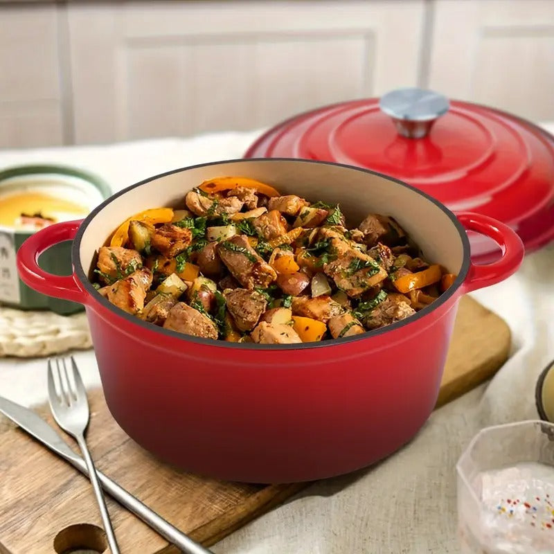 6 QT Enameled Dutch Oven Pot with Lid - Heavy-Duty Non-Stick Red Cookware, Dual Handles for Even Heat Distribution, Oven & Stovetop Safe - Ideal for Professional & Home Kitchen, Bread Baking, Roasting, Soups, Stews