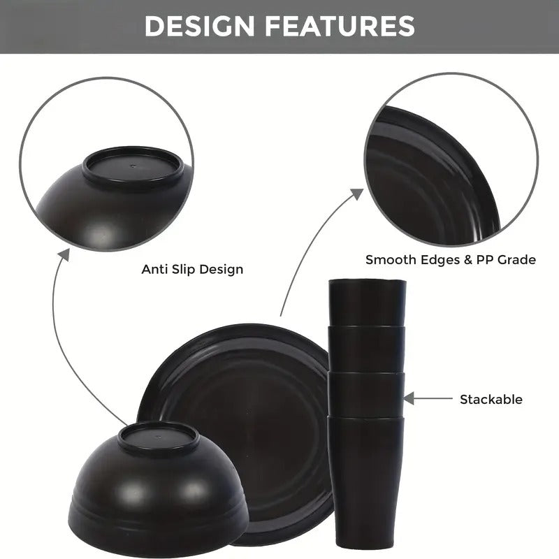 Black Wheat Straw Dinnerware Sets, Plates And Bowls Sets for 8, Black Plastic Dinnerware Sets, Microwave Dishwasher Safe Plates, Dishes Set for 8 for Valentine's Day, Party