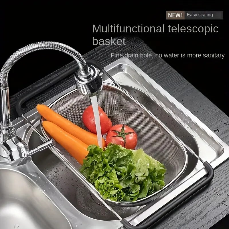 [Stainless Steel Colander] 1pc, Stainless Steel Sink Colander | Vegetable Sink Washing Basket, Fruit Drain Basket Rack, Strainer Basket, Adjustable Sink Rack, Multifunctional Colander | Kitchen Stuff, Kitchen Gadgets, Kitchen Accessories