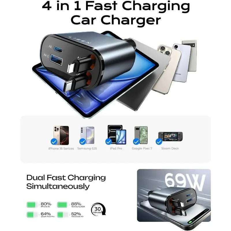 Retractable Car Charger 69W USB C Car Accessories Adapter for iPhone 16 USB C Charger Fast Charging Toyota Tacoma Accessories Travel Essentials Gifts for Women Men for iPhone 16 Pro Max 15
