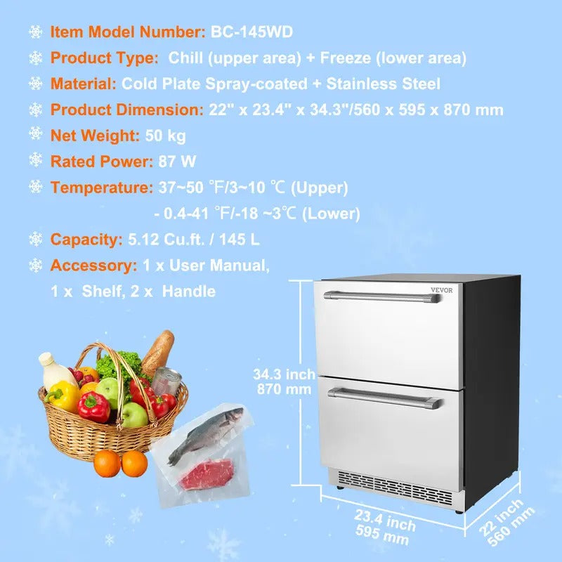 VEVOR 24 inch Undercounter Refrigerator, 2 Drawer Refrigerator with Different Temperature, 4.87 Cu.ft. Capacity, Indoor and Outdoor Under Counter Freezer Fridge for Home and Commercial Use