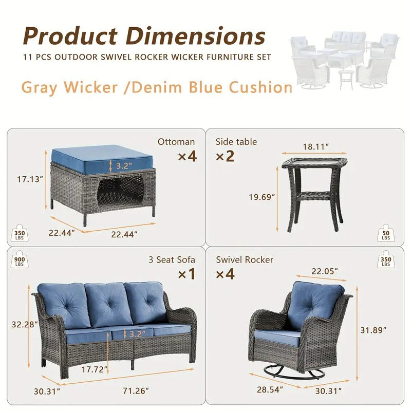 11pcs Handwoven Rattan Outdoor Patio Set, Includes 1 Super Wide Back Sofa, 4 360° Rotating Chairs, 2 Side Tables, and 4 Multi-Functional Footrests, Waterproof UV-Resistant, Ergonomic Design with Thick Cushions, Perfect for Multi-Party Gatherings