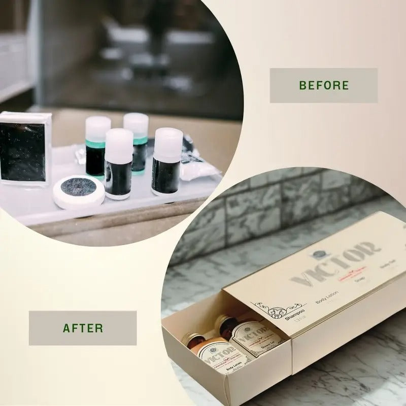 Roomsium Victor 75-Piece Guest Toiletries Set – 15 Individually Boxed Amenity Kits with Travel-Size Shampoo, Conditioner, Shower Gel, Body Lotion & Soap Bar – Goji Berry & Calendula