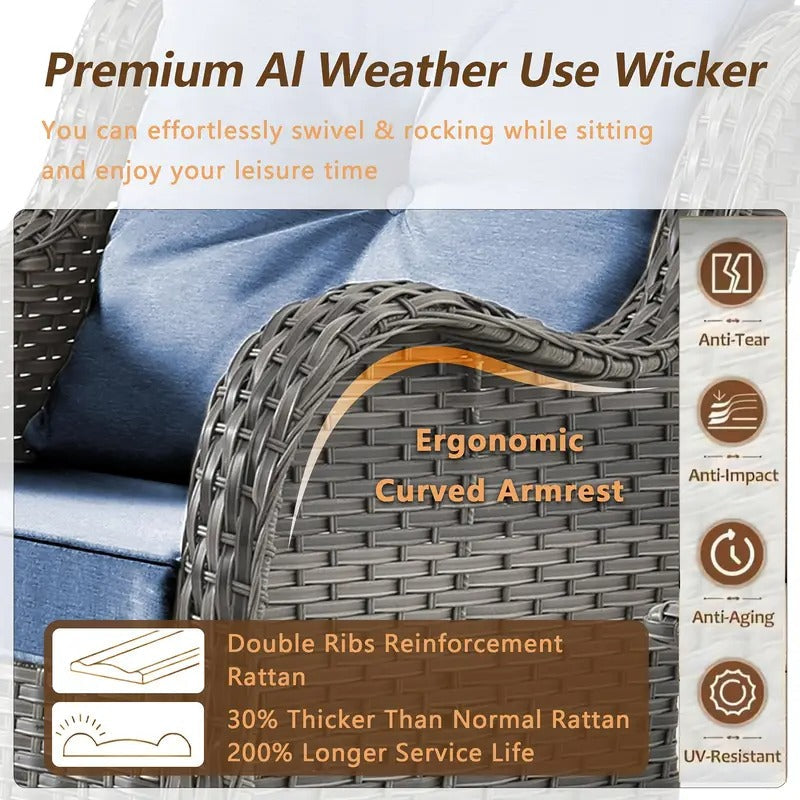 11pcs Handwoven Rattan Outdoor Patio Set, Includes 1 Super Wide Back Sofa, 4 360° Rotating Chairs, 2 Side Tables, and 4 Multi-Functional Footrests, Waterproof UV-Resistant, Ergonomic Design with Thick Cushions, Perfect for Multi-Party Gatherings