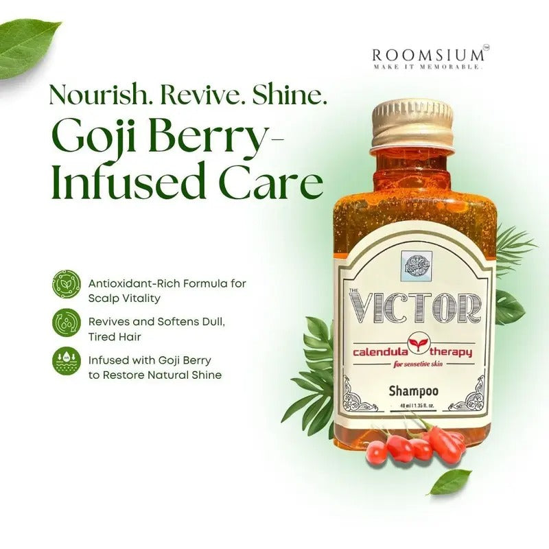 Roomsium Victor 75-Piece Guest Toiletries Set – 15 Individually Boxed Amenity Kits with Travel-Size Shampoo, Conditioner, Shower Gel, Body Lotion & Soap Bar – Goji Berry & Calendula