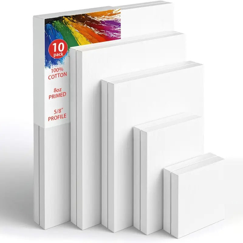 Stretch Canvas, Multi-Piece Set 11X14, 9X12, 8X10, 5X7, 4X4, 10pcs, Primed White - 100% Cotton Artist Canvas Boards, Suitable for Painting, Acrylic Pouring, Oil Painting Wet And Dry Art Mediums