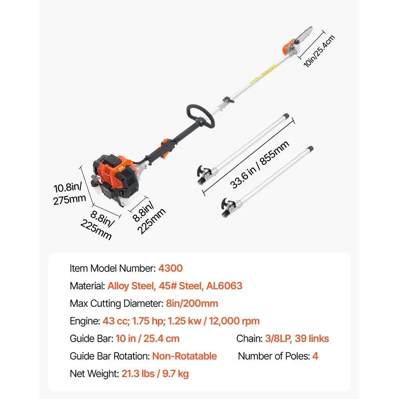 Gas Powered Pole Saw Rotatable Head 43CC 2-Stroke Tree Trimmer 10/12 in Cutting Bar