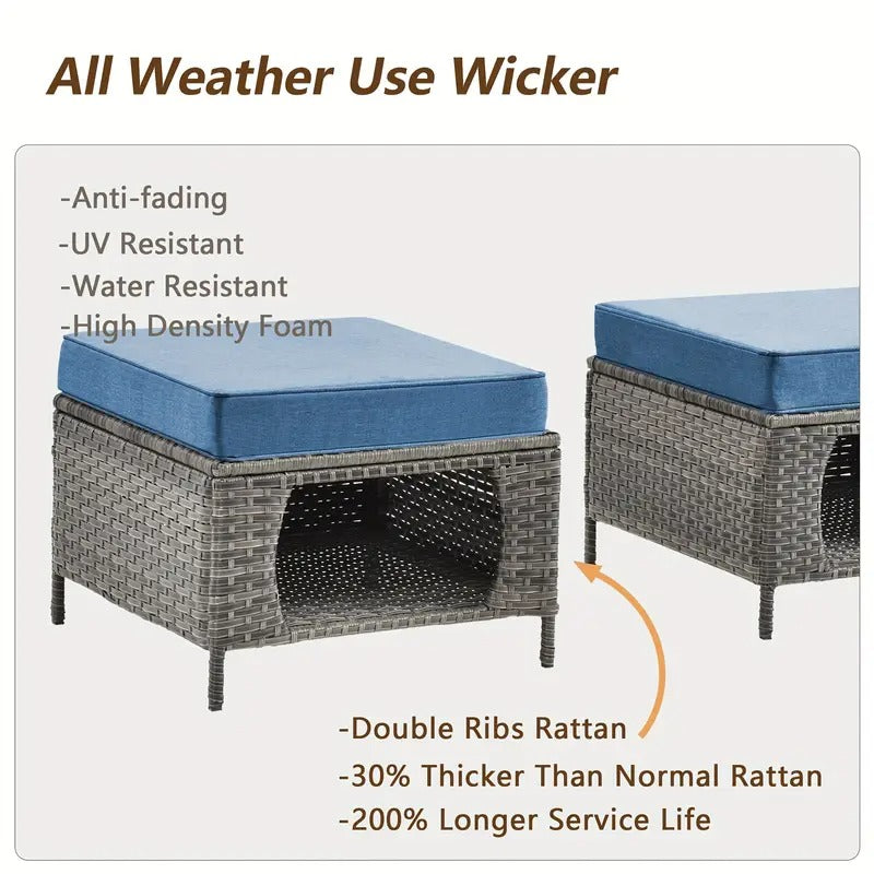 11pcs Handwoven Rattan Outdoor Patio Set, Includes 1 Super Wide Back Sofa, 4 360° Rotating Chairs, 2 Side Tables, and 4 Multi-Functional Footrests, Waterproof UV-Resistant, Ergonomic Design with Thick Cushions, Perfect for Multi-Party Gatherings