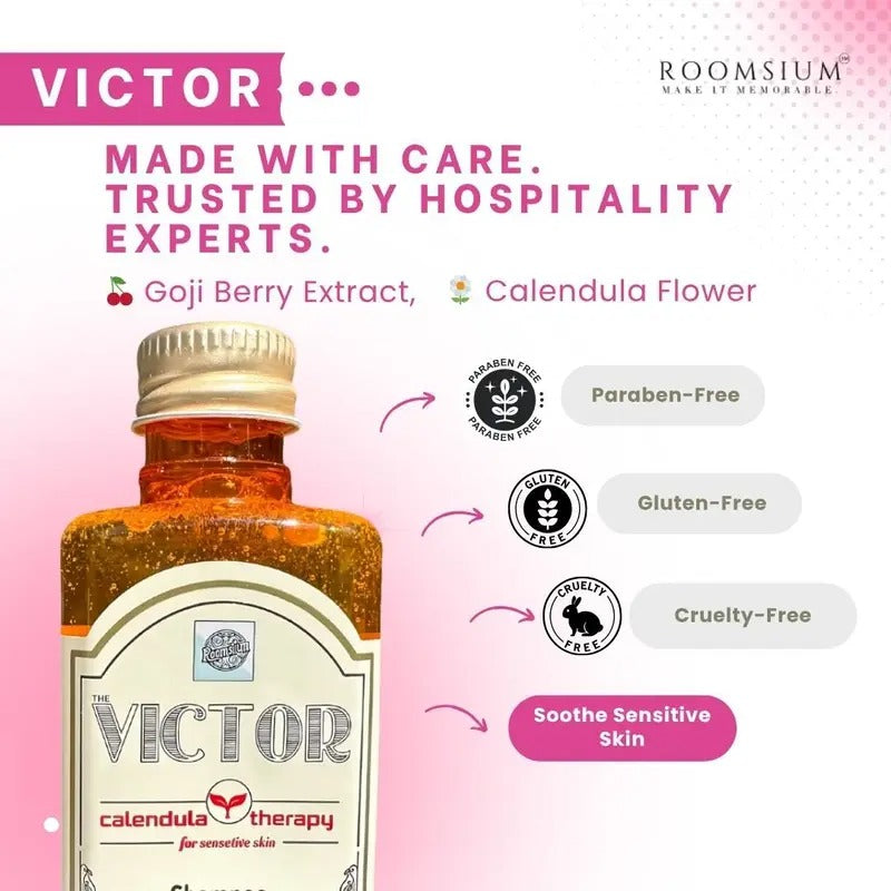 Roomsium Victor 75-Piece Guest Toiletries Set – 15 Individually Boxed Amenity Kits with Travel-Size Shampoo, Conditioner, Shower Gel, Body Lotion & Soap Bar – Goji Berry & Calendula