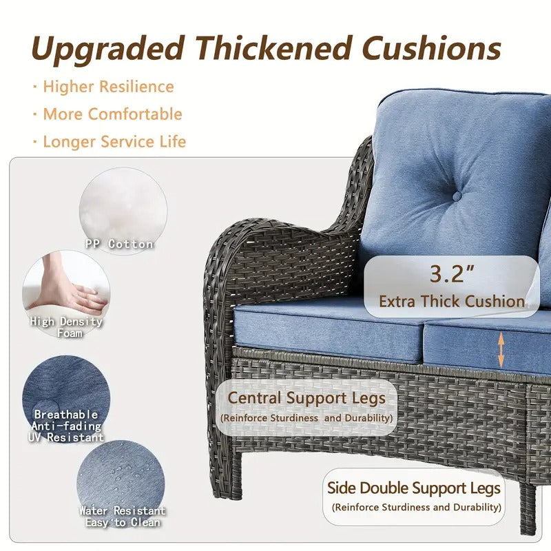 11pcs Handwoven Rattan Outdoor Patio Set, Includes 1 Super Wide Back Sofa, 4 360° Rotating Chairs, 2 Side Tables, and 4 Multi-Functional Footrests, Waterproof UV-Resistant, Ergonomic Design with Thick Cushions, Perfect for Multi-Party Gatherings