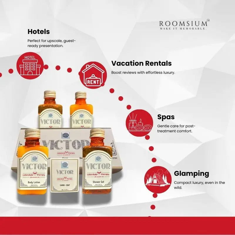 Roomsium Victor 75-Piece Guest Toiletries Set – 15 Individually Boxed Amenity Kits with Travel-Size Shampoo, Conditioner, Shower Gel, Body Lotion & Soap Bar – Goji Berry & Calendula