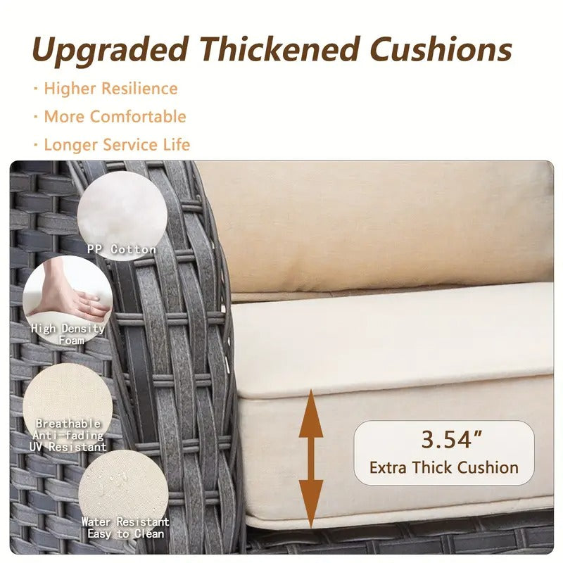 11pcs Handwoven Rattan Outdoor Patio Set, Includes 1 Super Wide Back Sofa, 4 360° Rotating Chairs, 2 Side Tables, and 4 Multi-Functional Footrests, Waterproof UV-Resistant, Ergonomic Design with Thick Cushions, Perfect for Multi-Party Gatherings