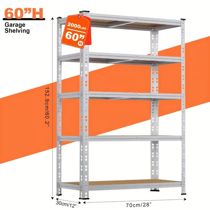 Heavy-Duty 60-Inch Heavy-Duty Five-Tier Industrial Shelving Unit - Garage, Warehouse, Kitchen, Office Storage Rack with Adjustable & Detachable Butterfly Hole, Sturdy Metal Construction, Floor Standing Organizer for Home,