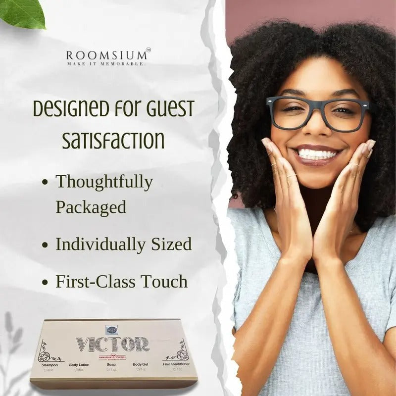Roomsium Victor 75-Piece Guest Toiletries Set – 15 Individually Boxed Amenity Kits with Travel-Size Shampoo, Conditioner, Shower Gel, Body Lotion & Soap Bar – Goji Berry & Calendula