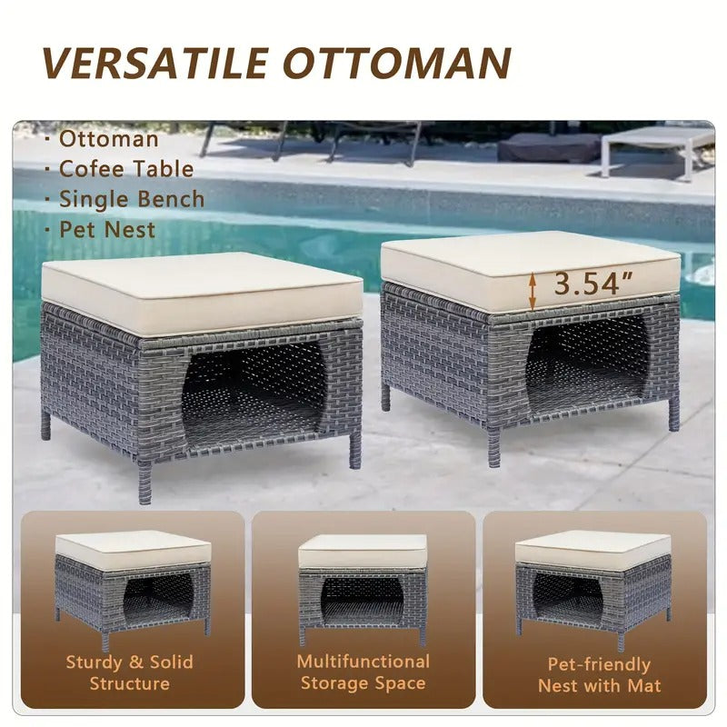 11pcs Handwoven Rattan Outdoor Patio Set, Includes 1 Super Wide Back Sofa, 4 360° Rotating Chairs, 2 Side Tables, and 4 Multi-Functional Footrests, Waterproof UV-Resistant, Ergonomic Design with Thick Cushions, Perfect for Multi-Party Gatherings