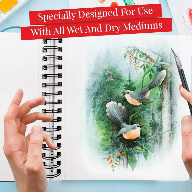 Mixed Media Sketchbook, 8.11” x 8.5”, Spiral Bound Sketch Pad with Thick Heavyweight Paper, 200 GSM, 120 LBS, for Wet & Dry Media - Watercolor Paint, Pencils, Charcoal, Pens