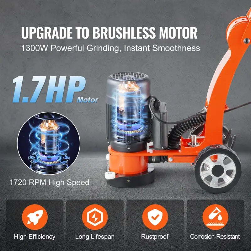 VEVOR Electric Concrete Floor Grinder 7" Walk-Behind Grinder 1.7HP Concrete Floor Polisher, 1300W Grinding Machine, 1720RPM Upgrade Brushless Motor Surfacing Grinder for Granite/Marble/Stones