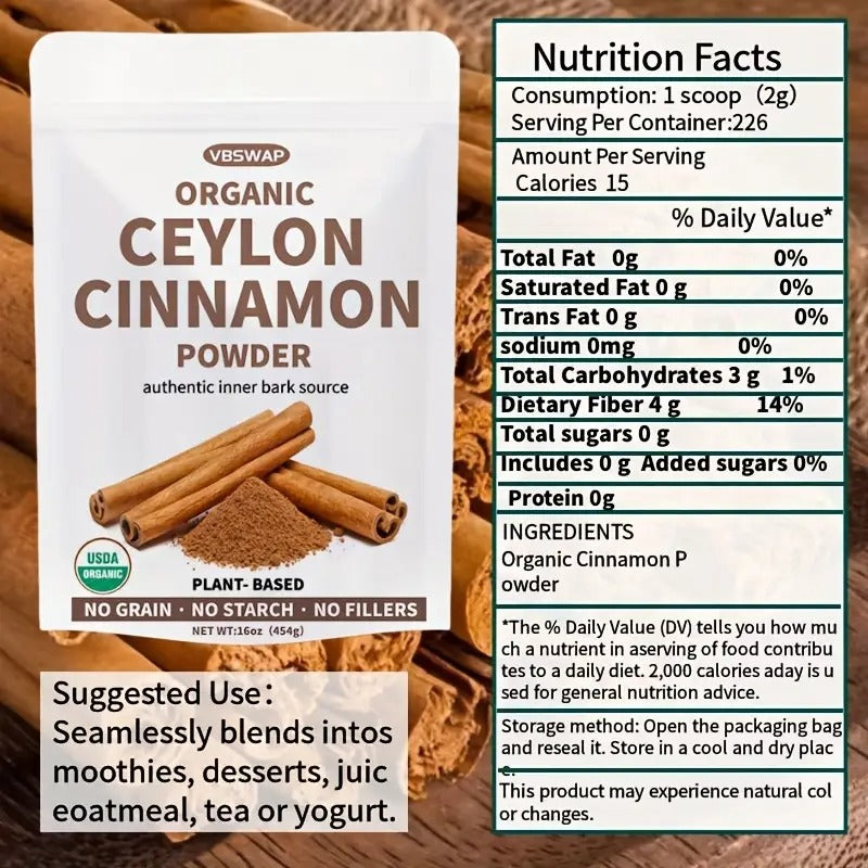 VBSWAP Organic Ceylon Cinnamon Powder, 1 lb | Authentic Sri Lankan Spice for Baking, Cooking & Beverages | Plant-Based, Preservative-Free, Reusable Sealed Bag | Perfect for Spices, Seasonings & Drinks