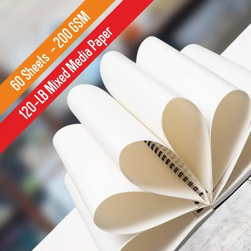 Mixed Media Sketchbook, 8.11” x 8.5”, Spiral Bound Sketch Pad with Thick Heavyweight Paper, 200 GSM, 120 LBS, for Wet & Dry Media - Watercolor Paint, Pencils, Charcoal, Pens