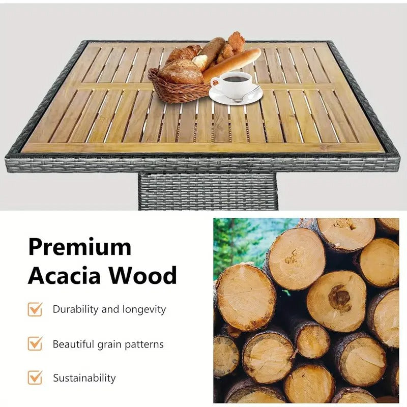 Patio Dining Set for 4 - Water-Resistant Rattan Outdoor Bar Set with Acacia Wood Square Table Top and Removable Cushions for Deck, Garden, Backyard