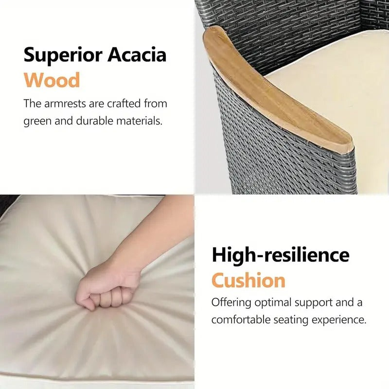 Patio Dining Set for 4 - Water-Resistant Rattan Outdoor Bar Set with Acacia Wood Square Table Top and Removable Cushions for Deck, Garden, Backyard