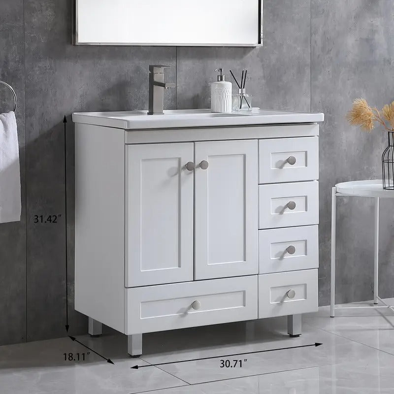 32" White Modern Freestanding 2 Door& 5 Drawer Single Bathroom Vanity Set With Ceramic Sink