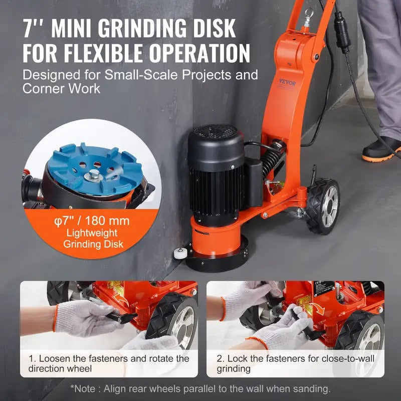 VEVOR Electric Concrete Floor Grinder 7" Walk-Behind Grinder 1.7HP Concrete Floor Polisher, 1300W Grinding Machine, 1720RPM Upgrade Brushless Motor Surfacing Grinder for Granite/Marble/Stones