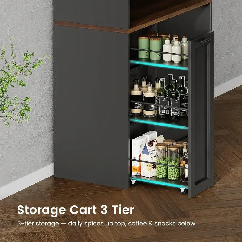 Farmhouse Kitchen Pantry Cabinet with Microwave Stand, 3-Tier Storage Cart & Drawers - All-in-One Tall Kitchen Organizer with Door/Shelf Storage, Space-Saving Design for Small Kitchens