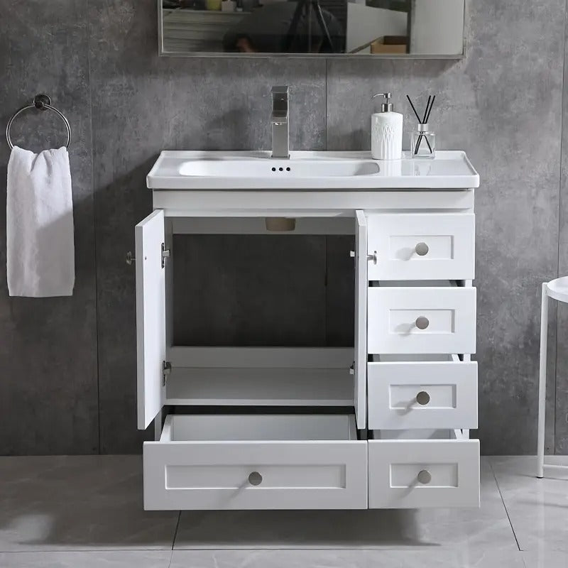 32" White Modern Freestanding 2 Door& 5 Drawer Single Bathroom Vanity Set With Ceramic Sink