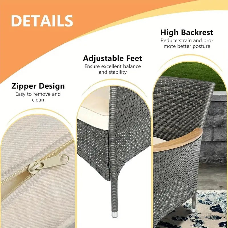 Patio Dining Set for 4 - Water-Resistant Rattan Outdoor Bar Set with Acacia Wood Square Table Top and Removable Cushions for Deck, Garden, Backyard